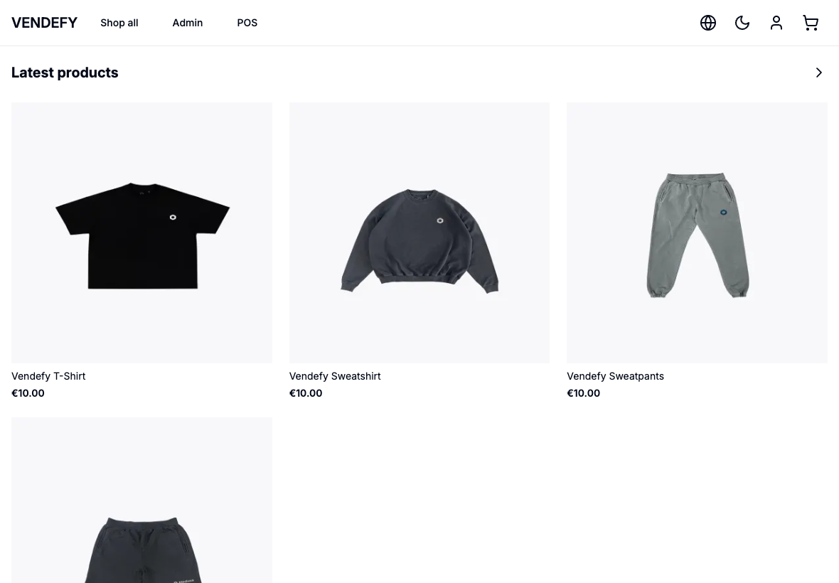 Vendefy storefront product grid
